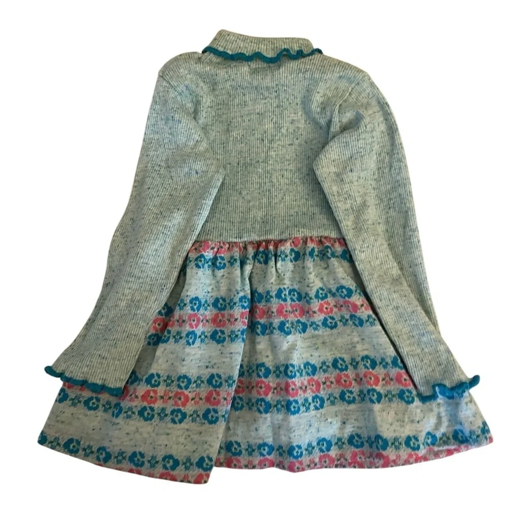 Vintage 70s Cozy Knit Teal & pink turtle neck  w/ Floral Pattern Dress